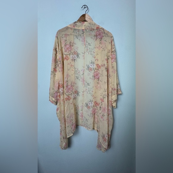 AMERICAN EAGLE Flowy Floral Chiffon Open Front Kimono Yellows Cover-Up Cardigan - Picture 5 of 12